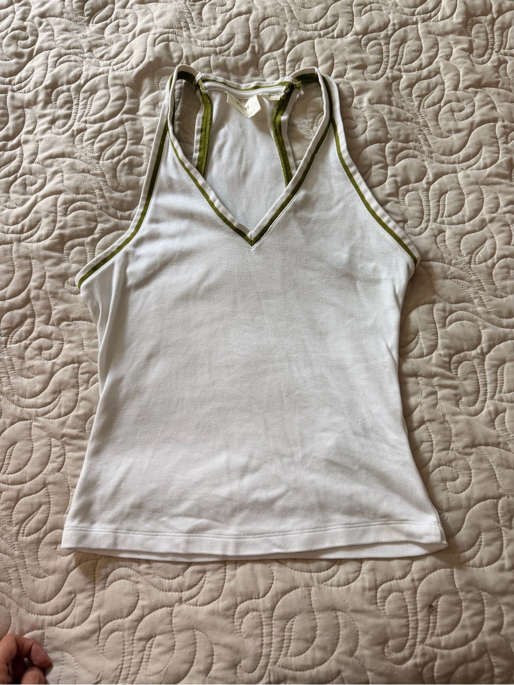 Anthropologie Maeve Women’s White V-Neck Tank Top with Olive Trim Small